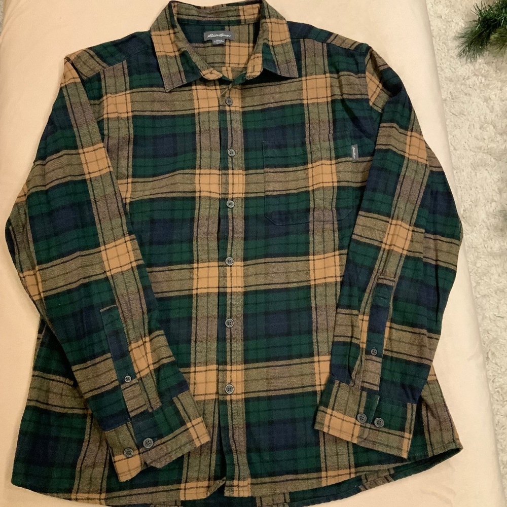 Eddie Bauer Green Tan XL Plaid Flannel Outdoor Costal Grandpa Alpine